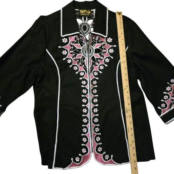 Bob Mackie Wearable Art Jacket Size L Black & Pink Embroidered Stretch Cut Outs - Picture 11 of 11